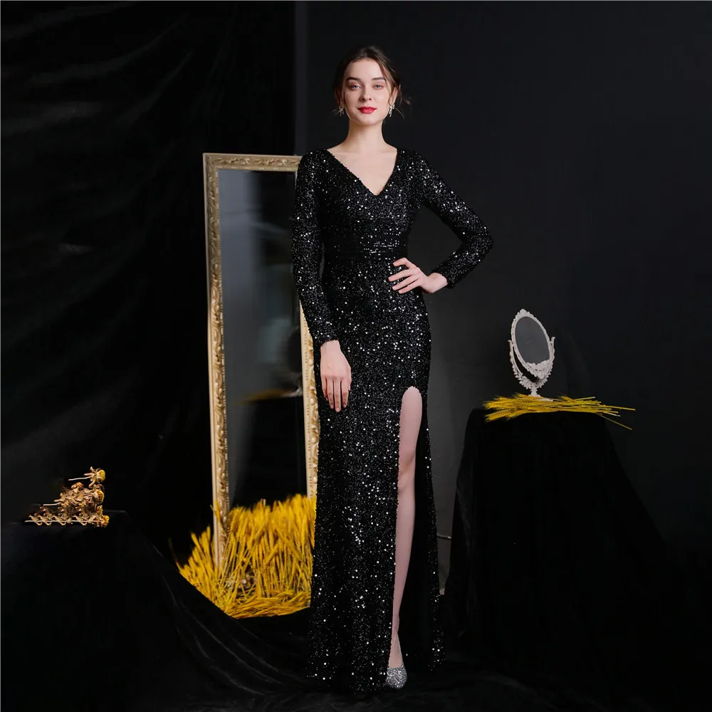 

Robe De Soiree Black Evening Dresses ERINBESS Formal Dress Sexy V-veck Sequin Mermaid Evening Dress Long Sleeve Vestido De Festa