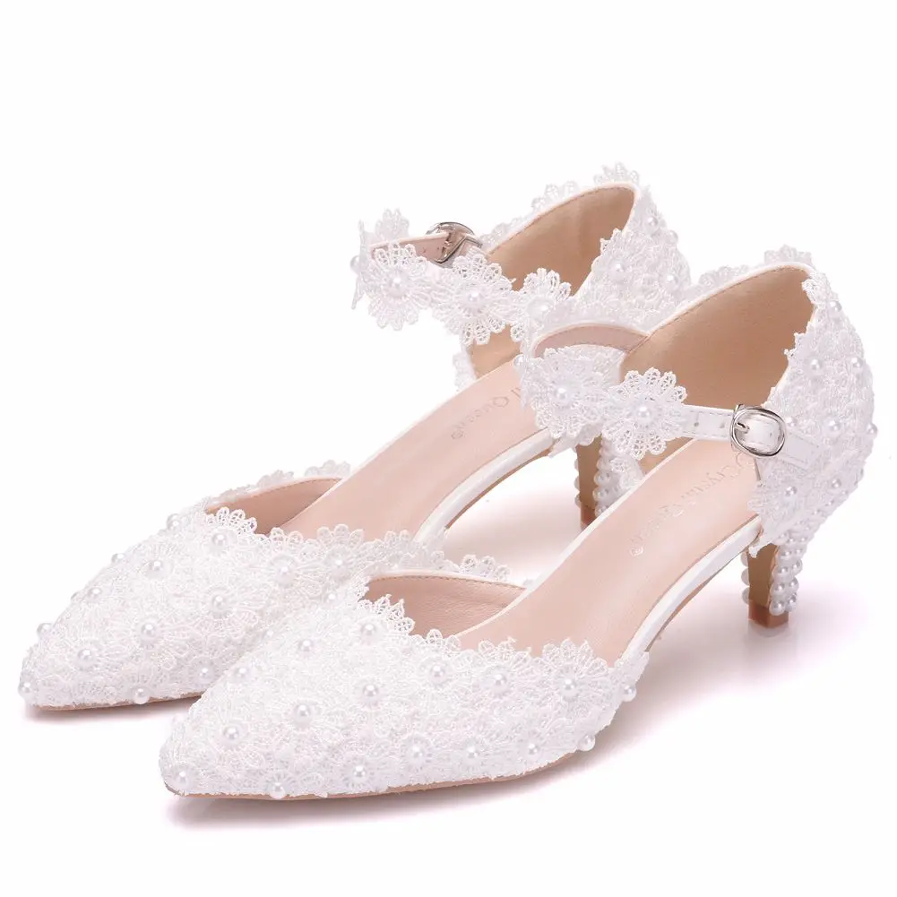 Crystal Queen Women White Lace Wedding Shoes 5CM High Heels Pumps Sweet Princess Party Mary Janes