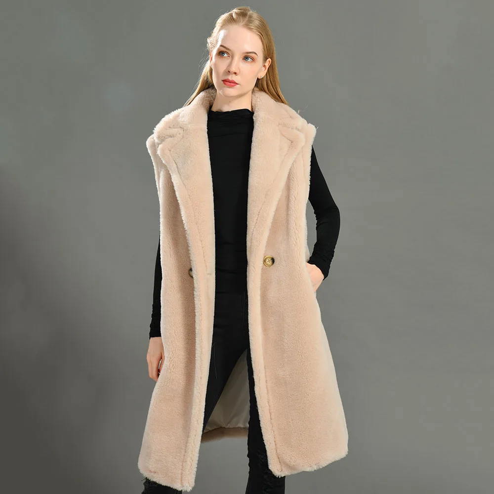 Teddy Gilet Long Women\'s Teddy Bear Jacket Lapel Real Wool Outerwear Female Sheep Fur Vest Women Thicken Oversize Coat