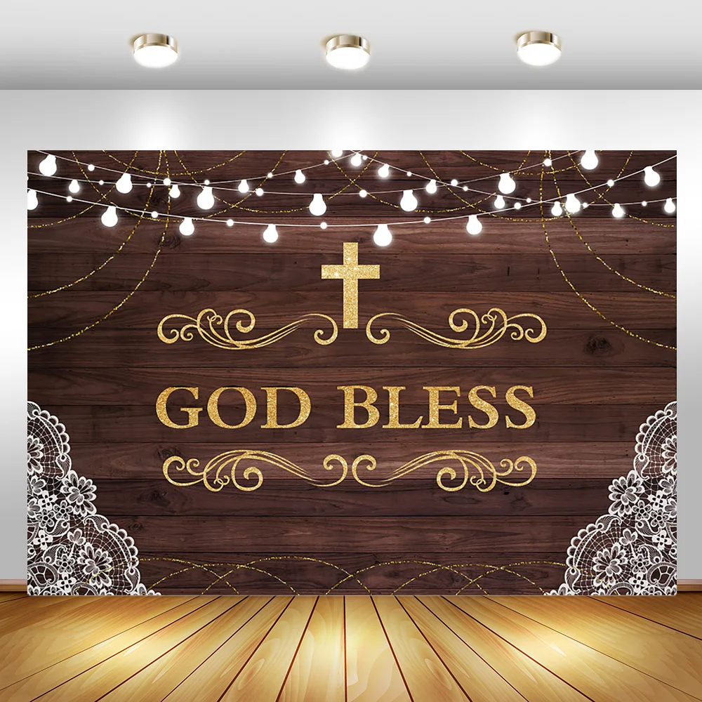 MOCSICKA God Bless Backdrop Rustic Wood  Baby Shower Background First Communion White Flowers Photo Background Banner Supplies