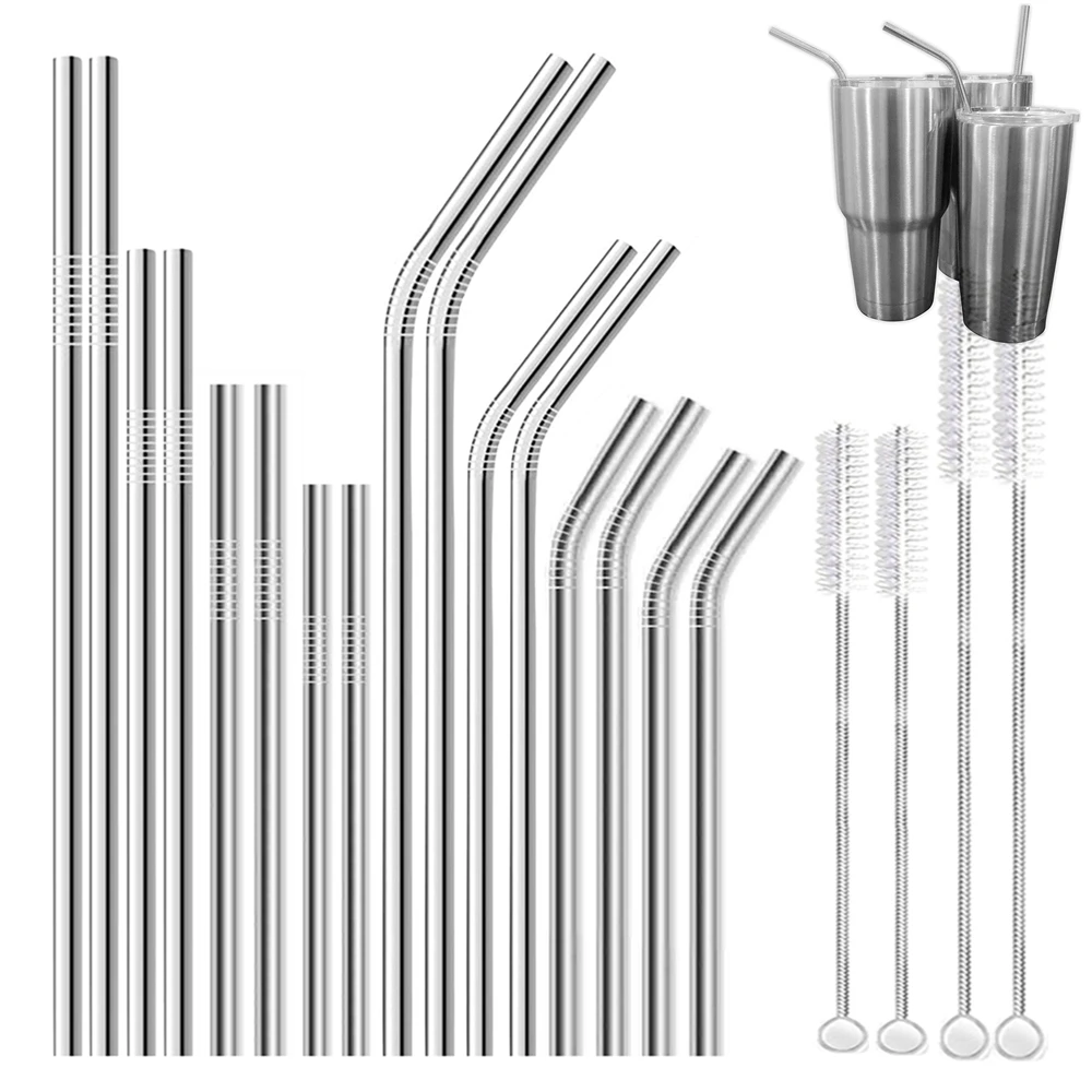 4 Size Reusable Drinking Straws Stainless Steel Straws Long Short Metal Straws Set with 4 Brushes for Bar Party Kids Drinkware