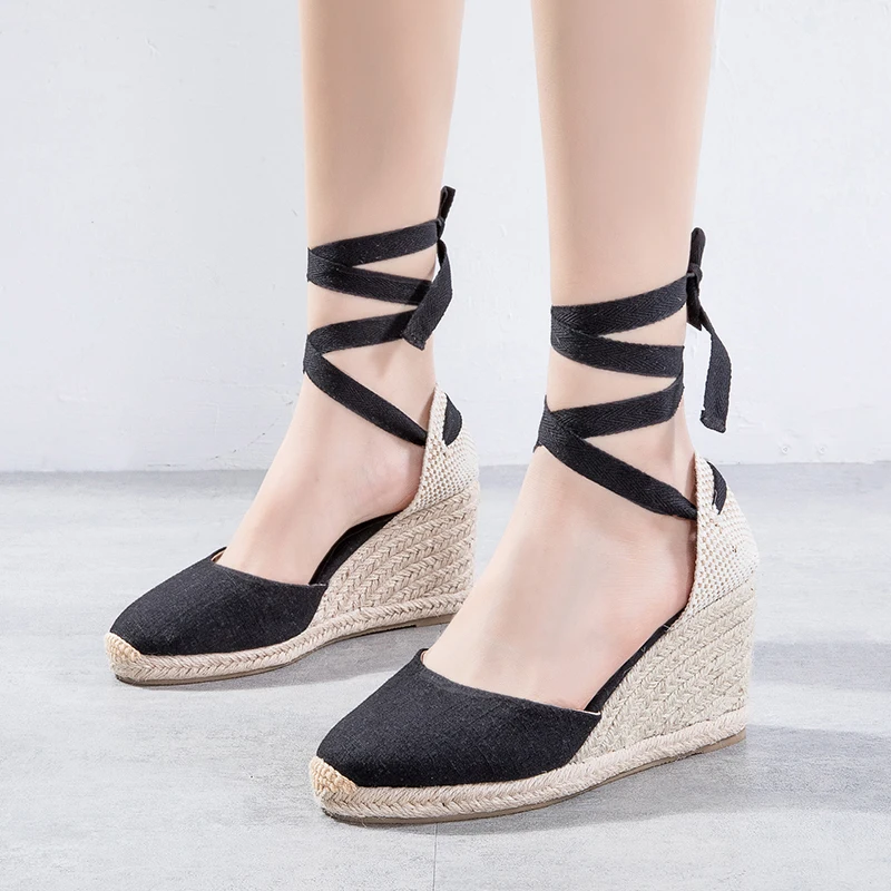 Cap Toe Platform Wedges Sandals for Women, Classic Soft Ankle-Tie Lace up Espadrilles Shoes