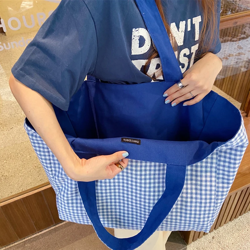 Canvas Bags for Women Shoulder Totes Bag 2023 Designer Handbags Girls Casual Solid Plaid Shopper Large Capacity Double Side Bags