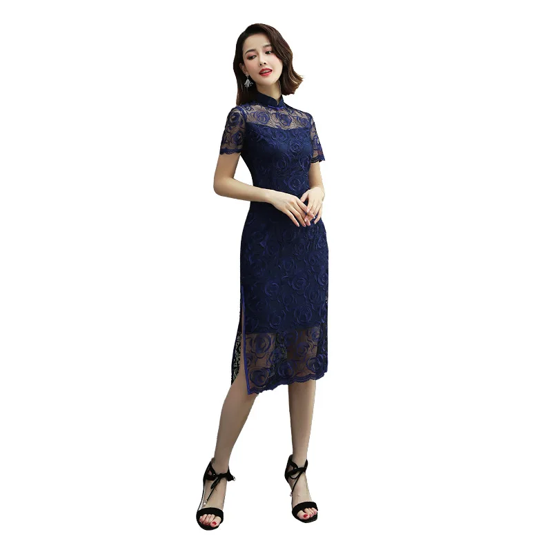 Nuovo Qipao 2020 abito medio-lungo in pizzo Cheongsam scavato Cheongsam banchetto spettacolo abito da sera lungo in seta cinese da donna