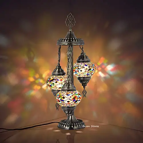 

11 VariationTurkish Moroccan Mosaic Table Lamp, 3 Globes Bohemian Bedside lamp Hand Made Ottoman Lamp (Rug Pattern)