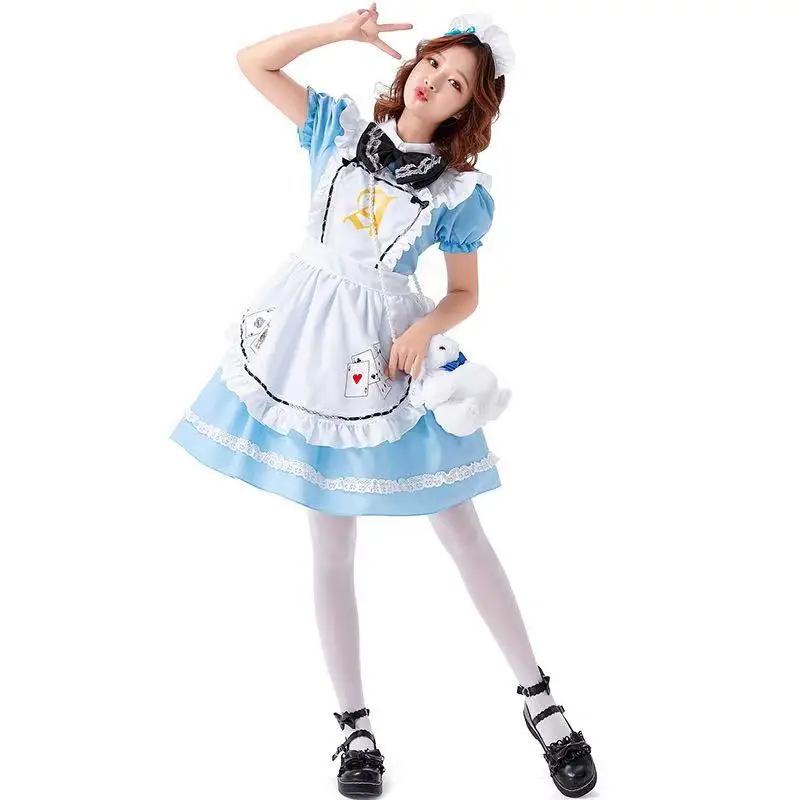 

Sky Blue Fairy Tale Lolita Women Halloween Maid Housekeeper Costumes Female Alice Cosplay Carnival Purim Role Play Party Dress