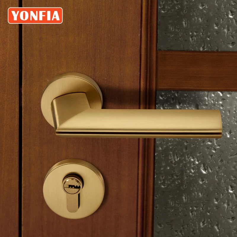 

YONFIA 8032 Brushed Brass Modern Security Locks for Home Door Handle Gold for Bedroom Door Handle with Lock Mortise Door Lock