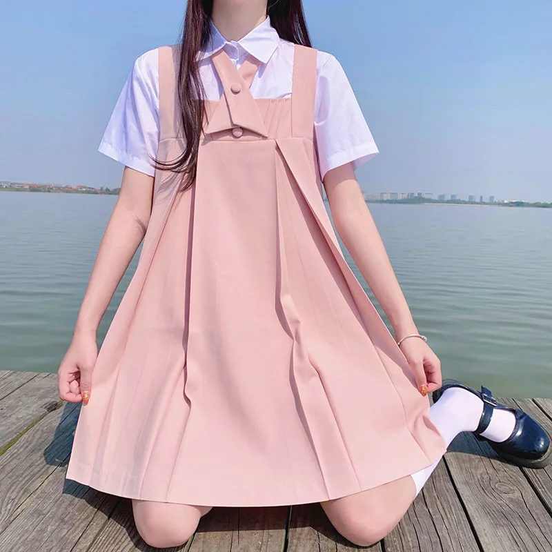 Women Long Pleated Pinafore Dress Summer Pink Japanese Students Girl JK Dress School Lady Autumn Sleeveless Uniform