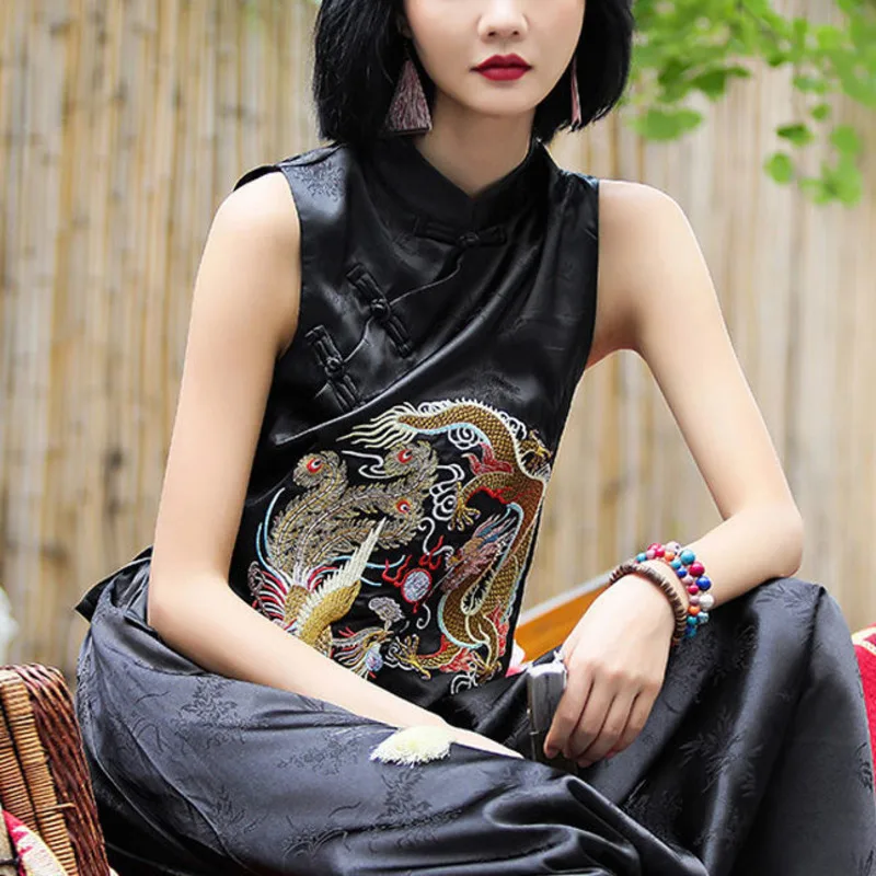 Traditional Ethnic Gilet Clothes Retro Chinese Style Modern Women Vest Jacket Black Oriental Casual Tang Suit Top Ropa