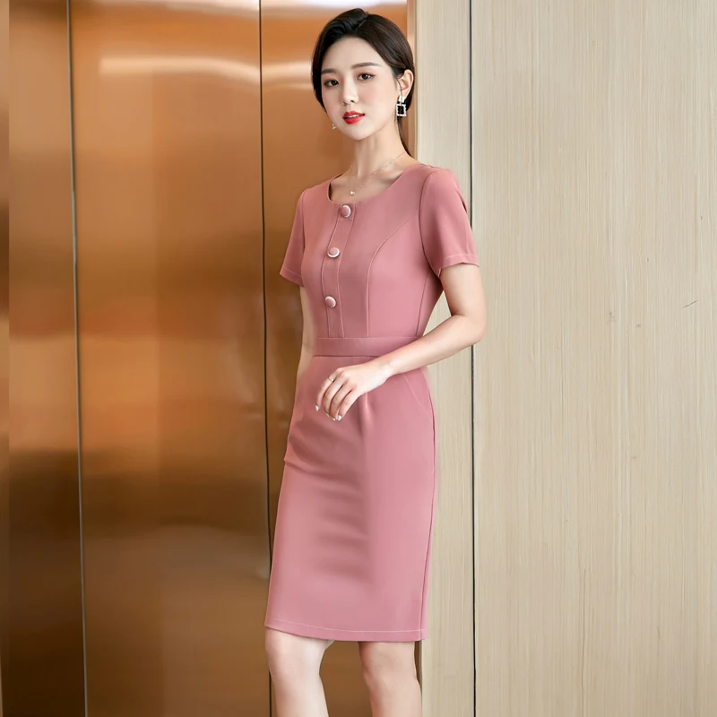 

Elegant Pink Short Sleeve Dresses Uniform Styles Middle Long Dress for Women Business Work Wear Ladies Career Interview Dress