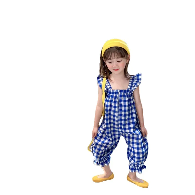 Girls\' Plaid Jumpsuit 2022 Summer New Girls\' Overalls Korean Version Of The Cropped Pants Baby Flower Bud Pants Casual Romper