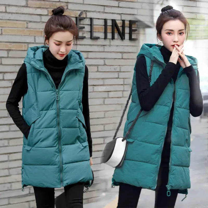 2023 New Women\'s Vest Jacket Down Cotton Vest Autumn Winter Jacket Hooded Long Coat Sleeveless Loose Female Waistcoat Snow Wear