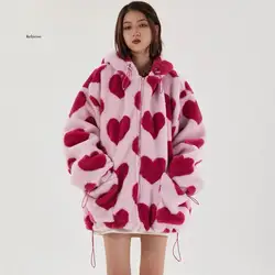 Hip Hop Flannel Parkas Lambswool Hoodie Jackets Women Streetwear Full Print Heart Winter Harajuku Sherpa Zipper Coat Oversize