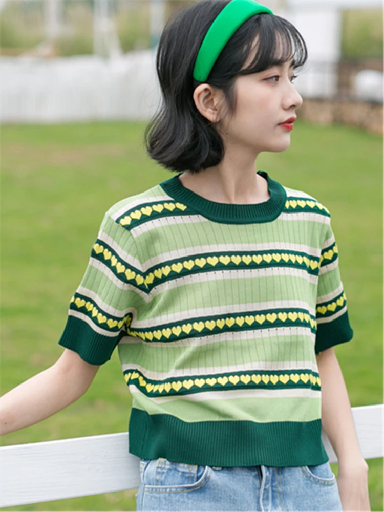 Makuluya Thin Sweet Cute Avocado Green Heart-Shaped Embroidered Pattern Short Sleeve Knitted Hollow Out Sweaters Pullover Tops L