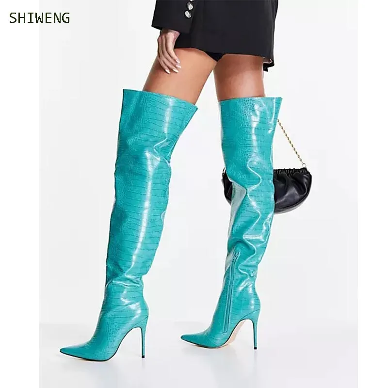 

2022 New Plus Big Size 35-44 Green Over The Knee Thigh High Heel Autumn/winter Female Shoes Lady Women Pointed Toe Long Boots