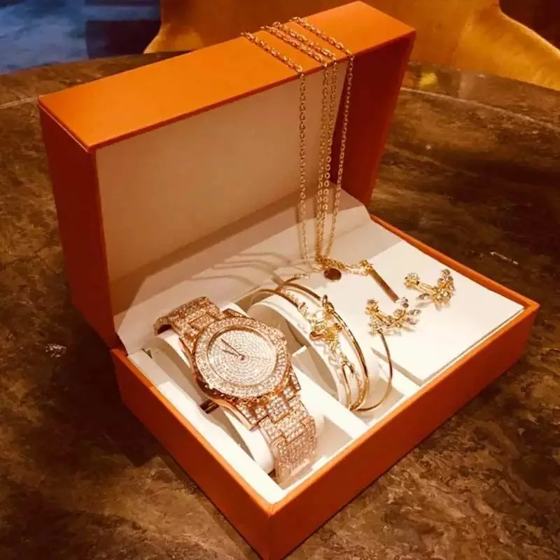 Conjunto de relojes de lujo para mujer, reloj de cuarzo con diamantes de imitación, hojas creativas, collar, pulseras, pendientes, conjunto de