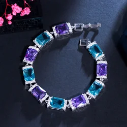 CWWZircons Rectangle Purple Blue Cubic Zirconia Crystal Big Luxury Bracelets for Women White Gold Plated Party Jewelry CB283