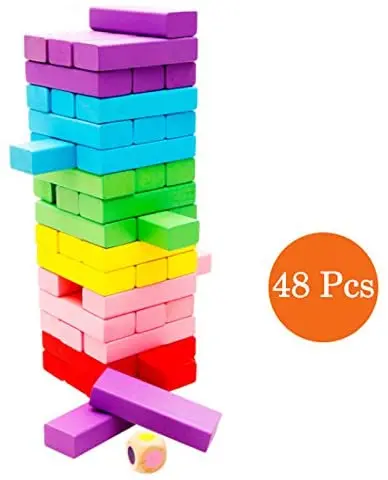 Bignosedeer 48Pcs Wooden Stacking Board,Colorful Timber Tower Tumbling Blocks Game for Kids and Adults