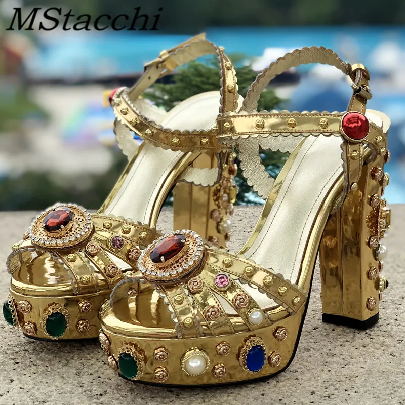 

Women Chunky High Heels Shoes Platform Sandals For Women Rhinestone Metallic Gold Leather Shoes Woman Peep Toe Wedding Shoes