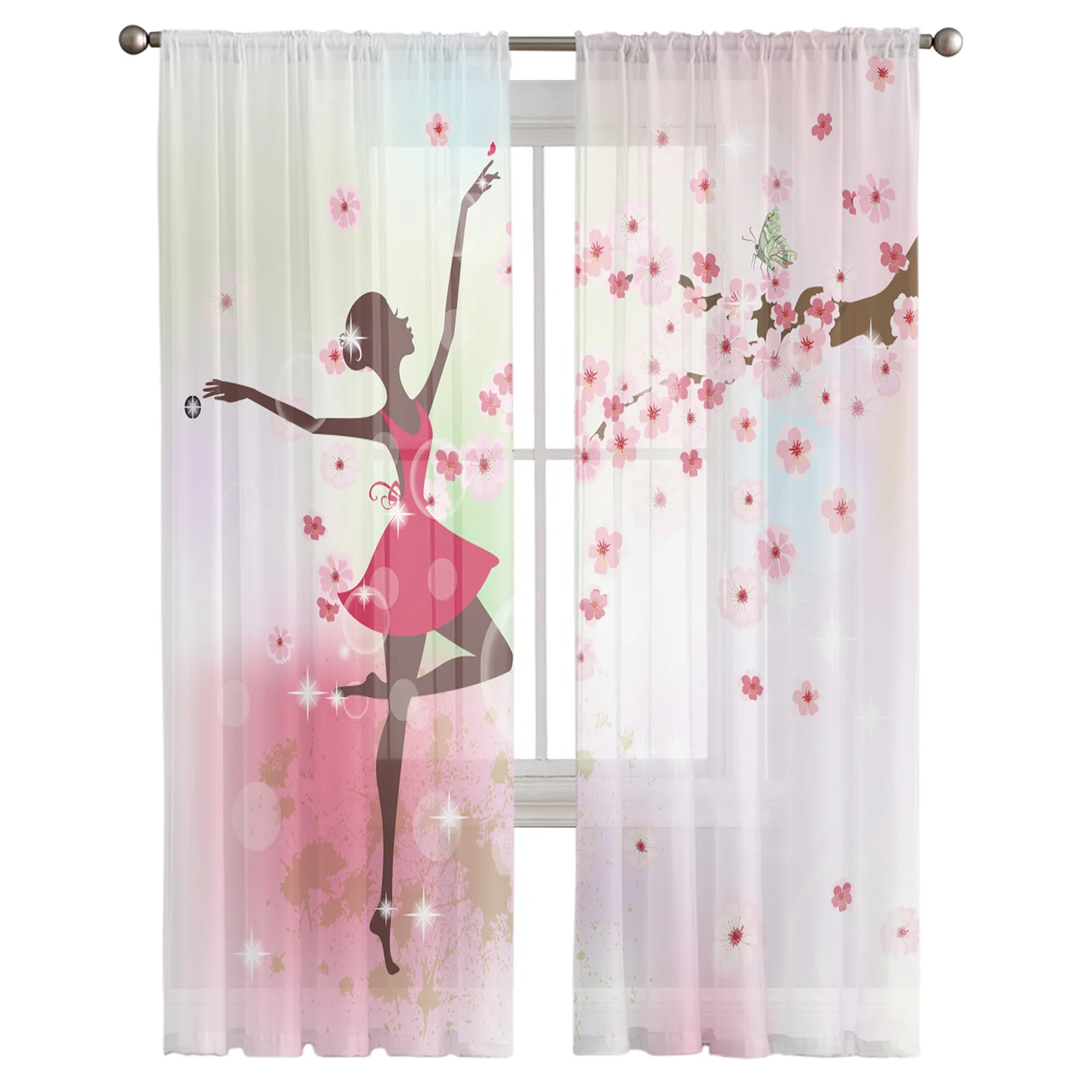 Ballet Dancer Girl Pink Flower Sheer Curtains for Living Room Bedroom Kitchen Tulle for Windows Voile Yarn Curtains for Bedroom