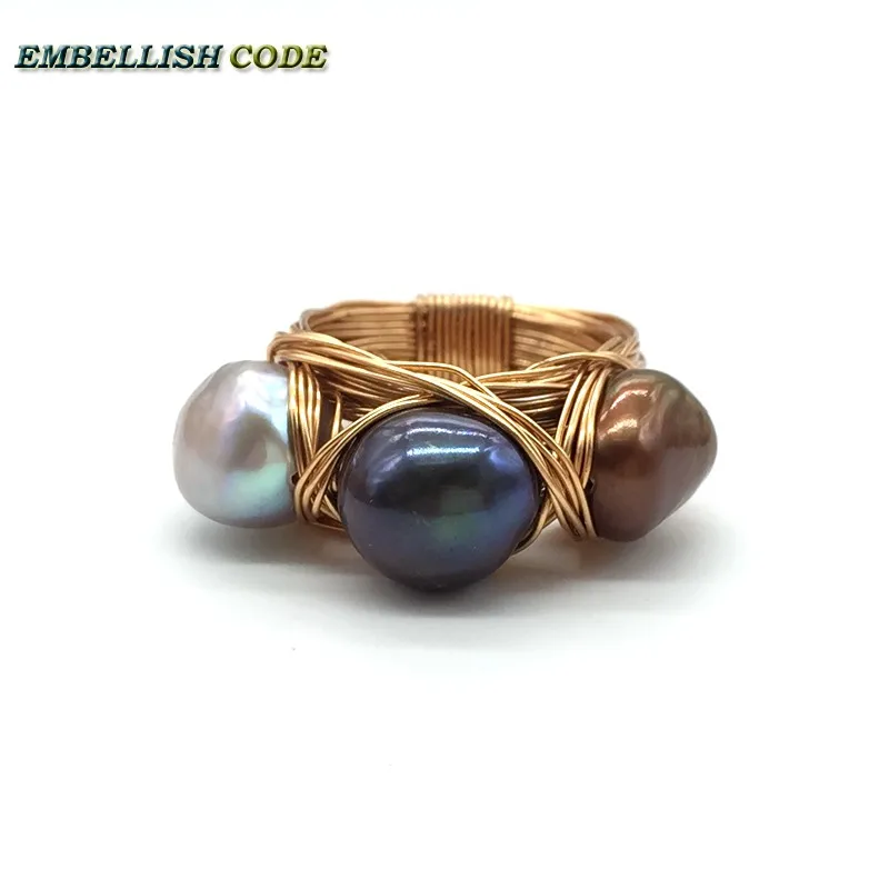 Designer Bird Nest Style Small Size Baroque Pearls Grey Peacock Brown Coffee Color With Golden Wire Hand Make Ring