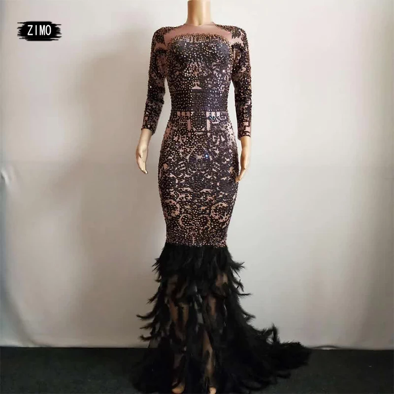 Designer New Printed Rhinestone Tail Feather Dress Women Sexy Mermaid Dance Costume Stage Prom Wedding Nightclubbar Party Dress