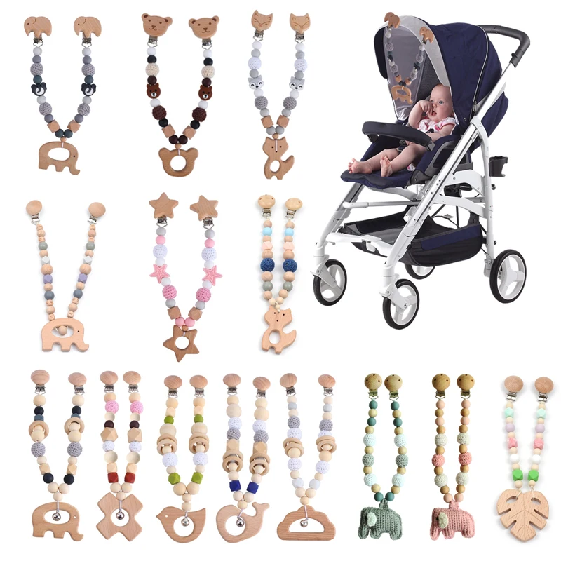 Wooden Baby Pram Clip Toys Baby Gym Hanging Pendants Toys Baby Stroller Rattle Bed Bell Mobile Rattles Silicone Beads Teething