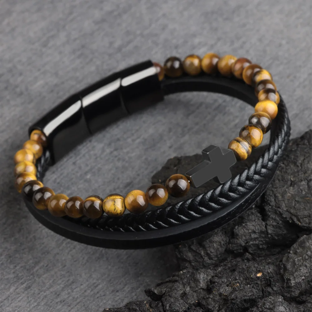 Cross Man\'s Bracelet Natural Stone Beads Genuine Leather Braided Stainless Steel 3 Adjustable Magnet Clasp Bangles For Men Gift