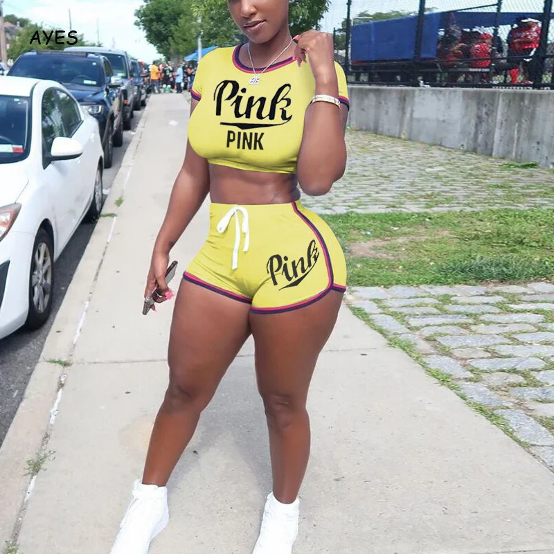 Plus Size Woman Sexy Pink Printed Casual Set Tracksuits Two Pieces Crop Tops Short Pants Tracksuit Female Streetwear Outfit Sets