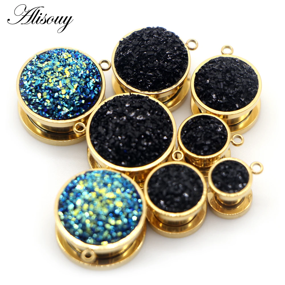 Alisouy 2pcs Resin DIY Pendant Stainless steel Screw Ear Plugs Tunnel Strechers Expander Earrring Piercing Unisex Body Jewelry