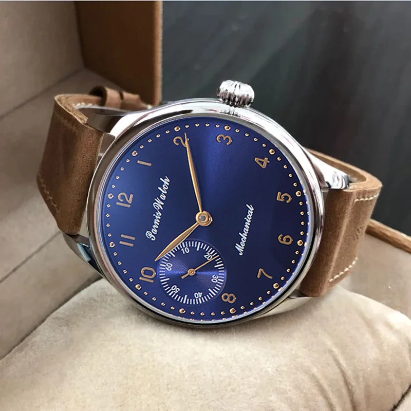 2024 Fashion Parnis 44mm Blue Dial Sapphire Crystal Men Watch Leather Strap Mechanical Hand Wind Men\'s Watches reloj hombre Gift