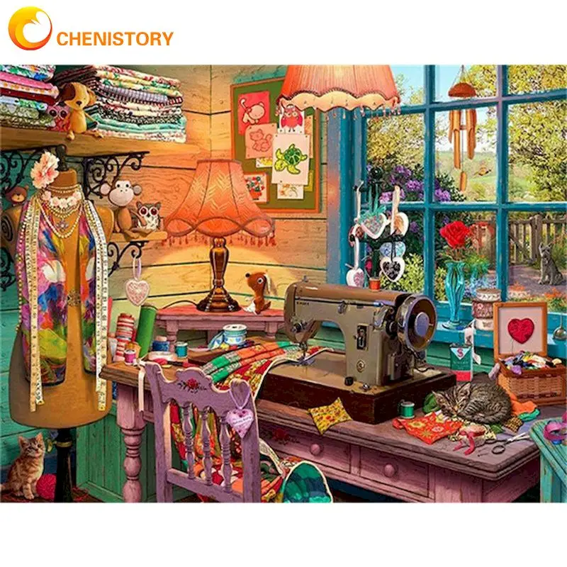 

CHENISTORY Oil Painting By Numbers Kits For Adults Sewing Machine Landscape Picture By Number Handmade Unique Gift Home Decor