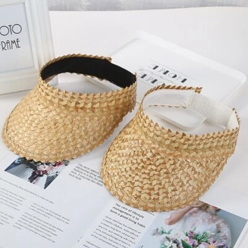 MAERSHEI Women Summer Handmade Woven Raffia Straw Sun Visor Hat Empty Top Wide Brim UV Protection Beach Cap