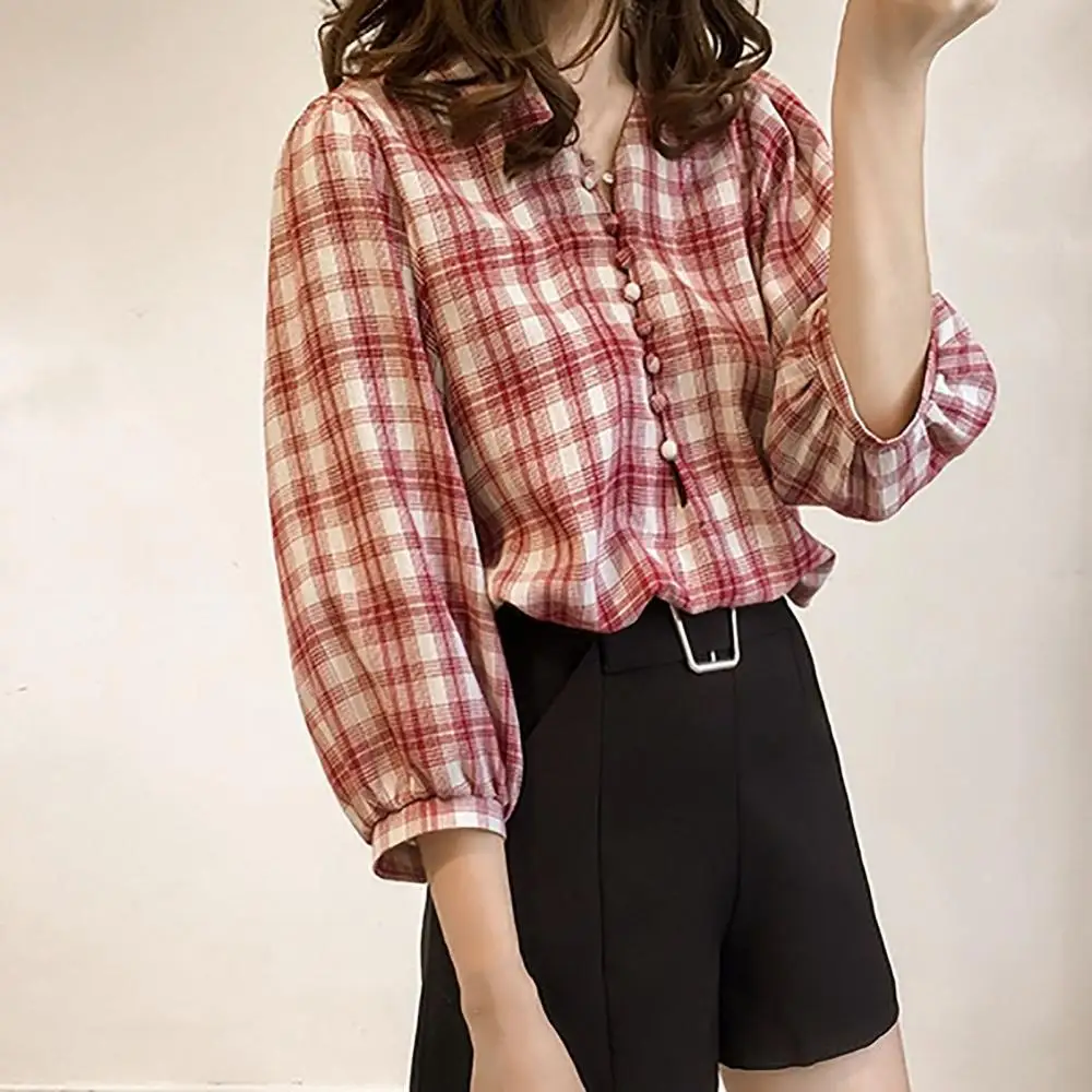 2021 Autumn Vintage Plaid Shirts Women 3/4 Puff Sleeve V Neck Buttons Loose Blouse Streetwear Fashion Ladies Blouse