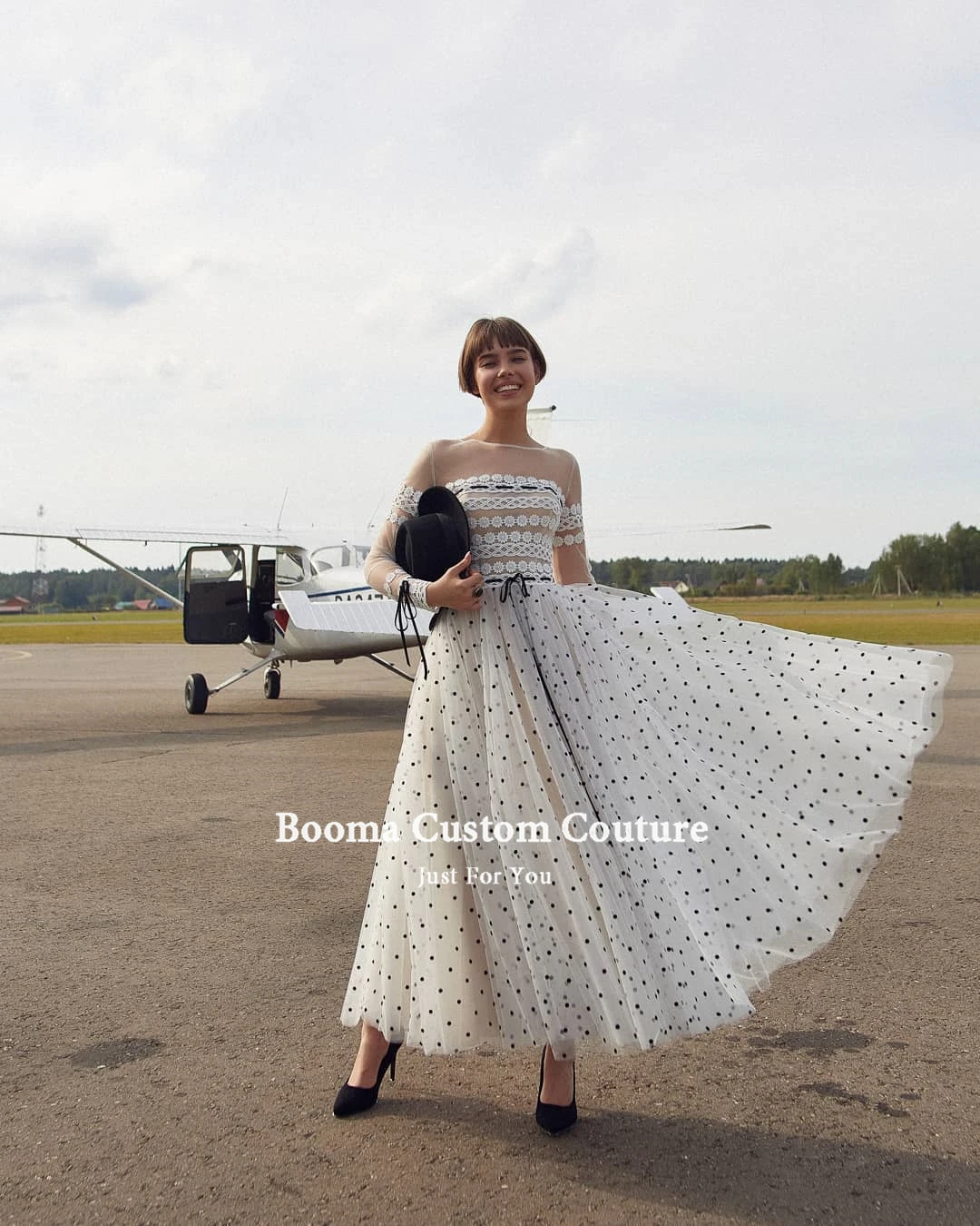 Booma Polka Dots Tulle Midi suknie balowe długie rękawy koronkowe wstążki linia formalne suknie wieczorowe Tea-Length suknie ślubne