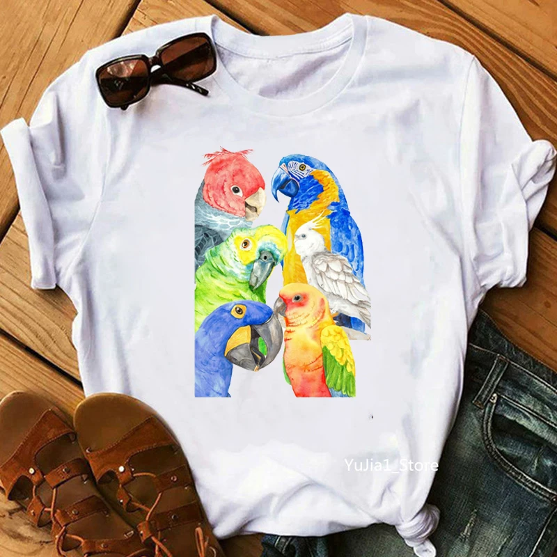 Rainbow Watercolor Birds Cockatiel Parrot T Shirt Women Clothes 2024 Funny Tshirt Female Harajuku Kawaii Clothes T-Shirt