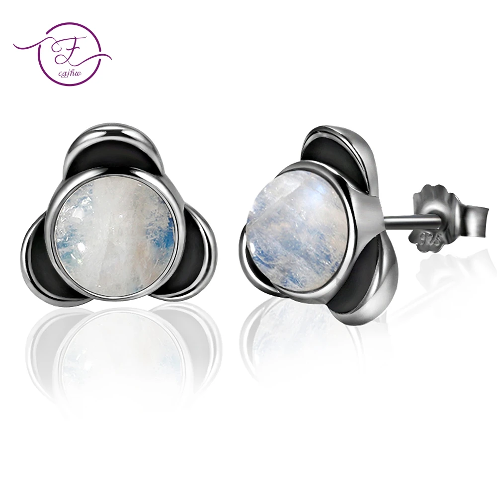 925 Sterling Silver Stud Earrings Elegant Round Natural Moonstone Jewelry For Women Wedding Engagement Party Anniversary