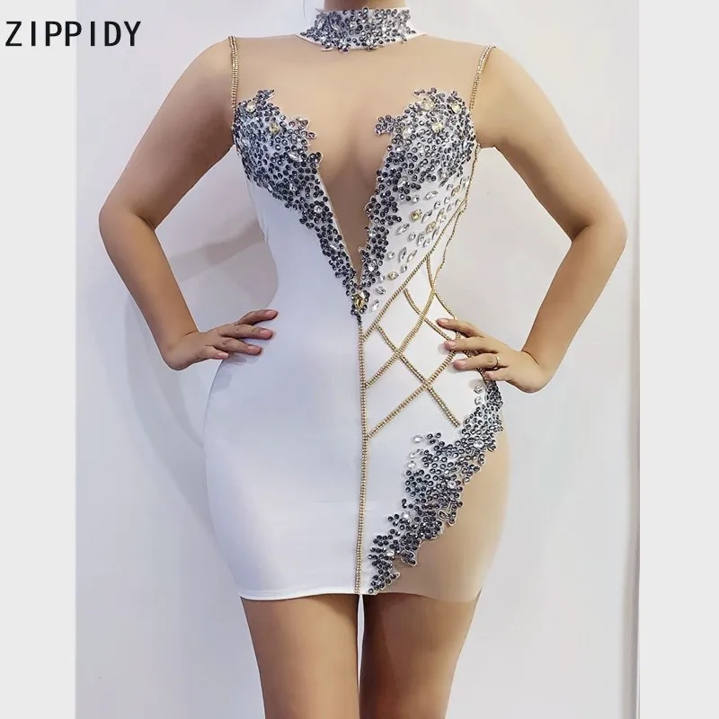 

2021 Rhinestones Transparent Chest White MINI Dress Birthday Dress Outfit Prom Dancer Female Singer Show Dress