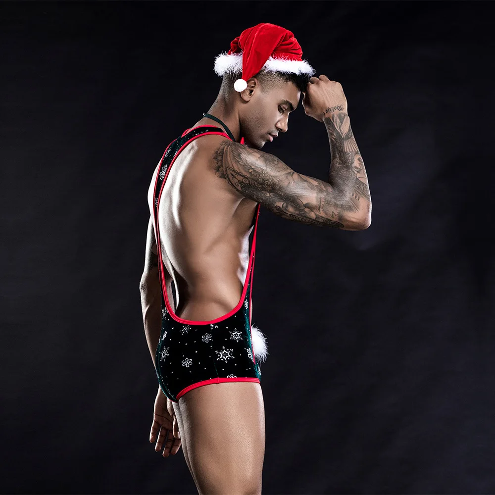 Llamativo conjunto de traje de Santa Claus para hombre, lencería Sexy de Navidad, juego de rol para fiesta, Minkini de la jungla