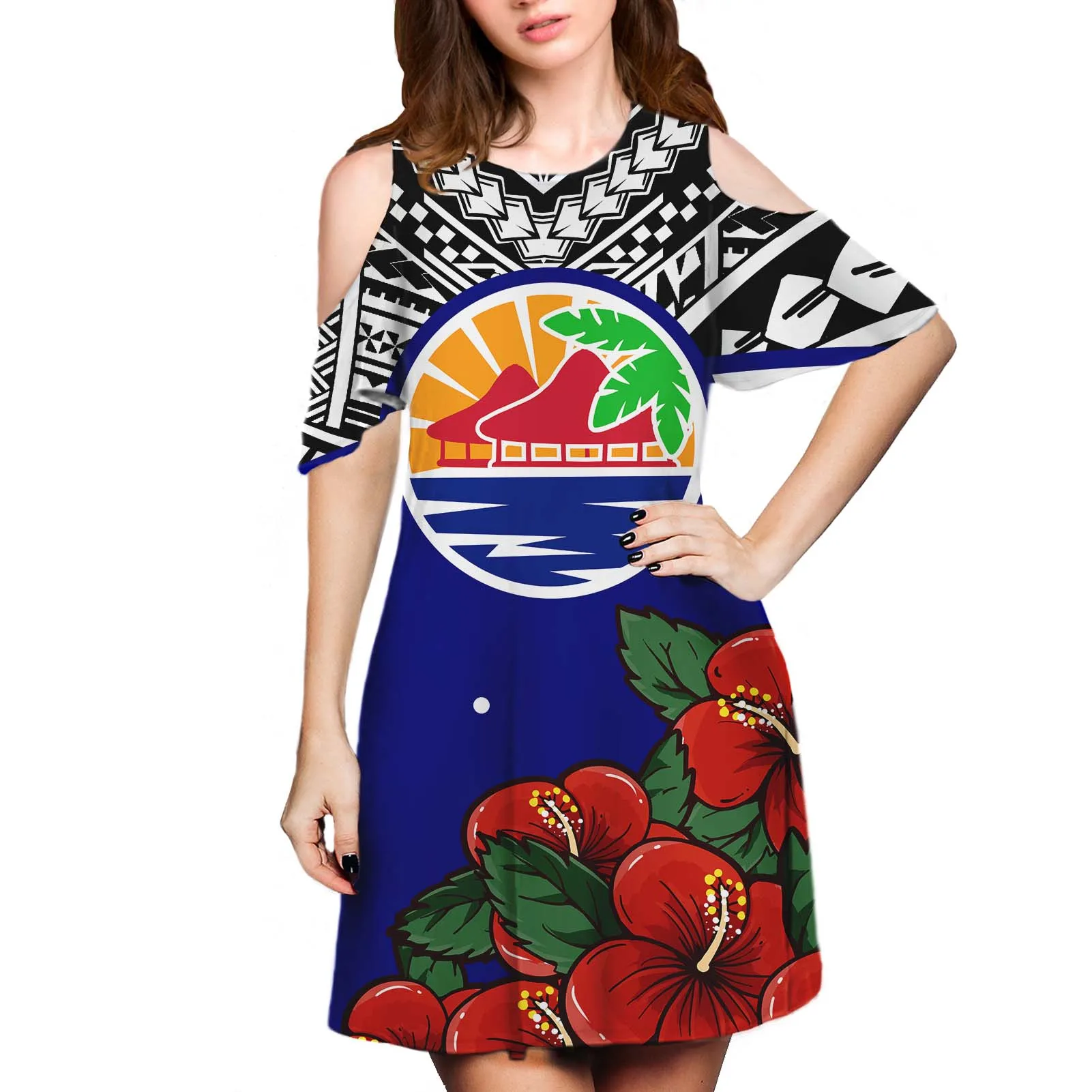 Hycool Hot Sales Island Design Women Casual Midi Dress Summer Lady Elegant Dating Floral Dresses Sexy Leakage Shoulder Clothing