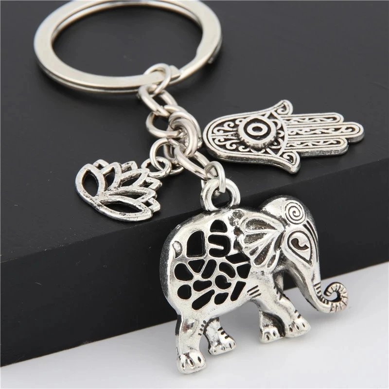 1pc Tribal Ethnic Keychains Unique Bohemia Gift Key Holder Lotus Jewelry Hand Elephant Car Keychain For Women E1685