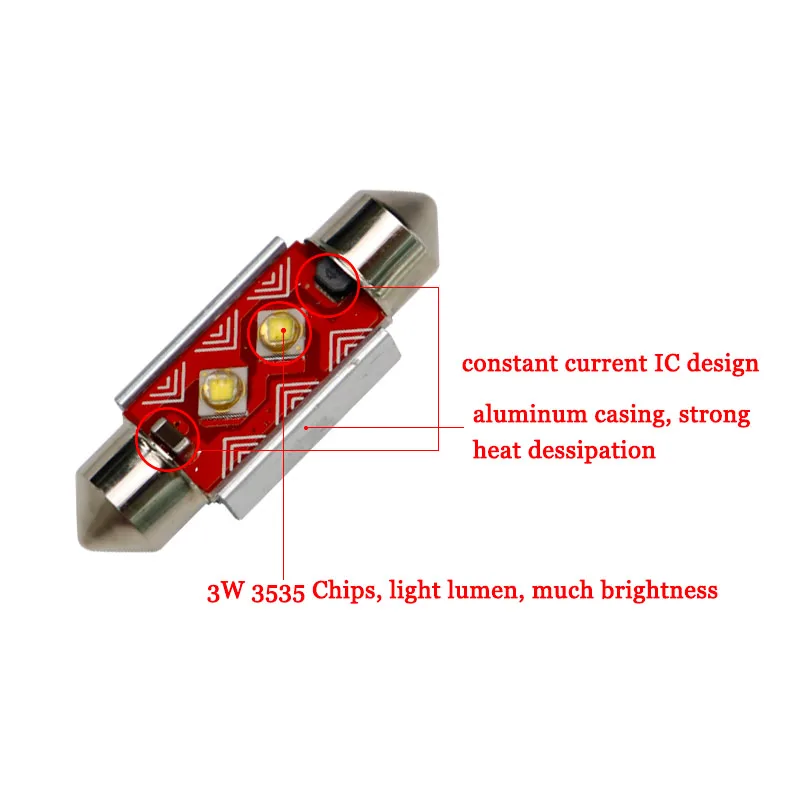 100X c5w led CANBUS C10W bulb Festoon 3W 0.23A 2 SMD 3535 LED chips Dome reading lamp car Interior Light White 12V-20V