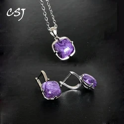 CSJ Noble Natural Charoite Jewelry Sets Sterling 925 Silver Gemstone Cushion 10mm for Women Lady Wedding Party Gift Wholesale