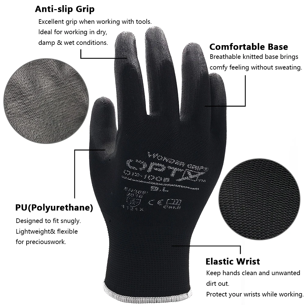 12 Pairs of safety coated work gloves, PU gloves and palm coated mechanical work gloves, obtained CE EN388