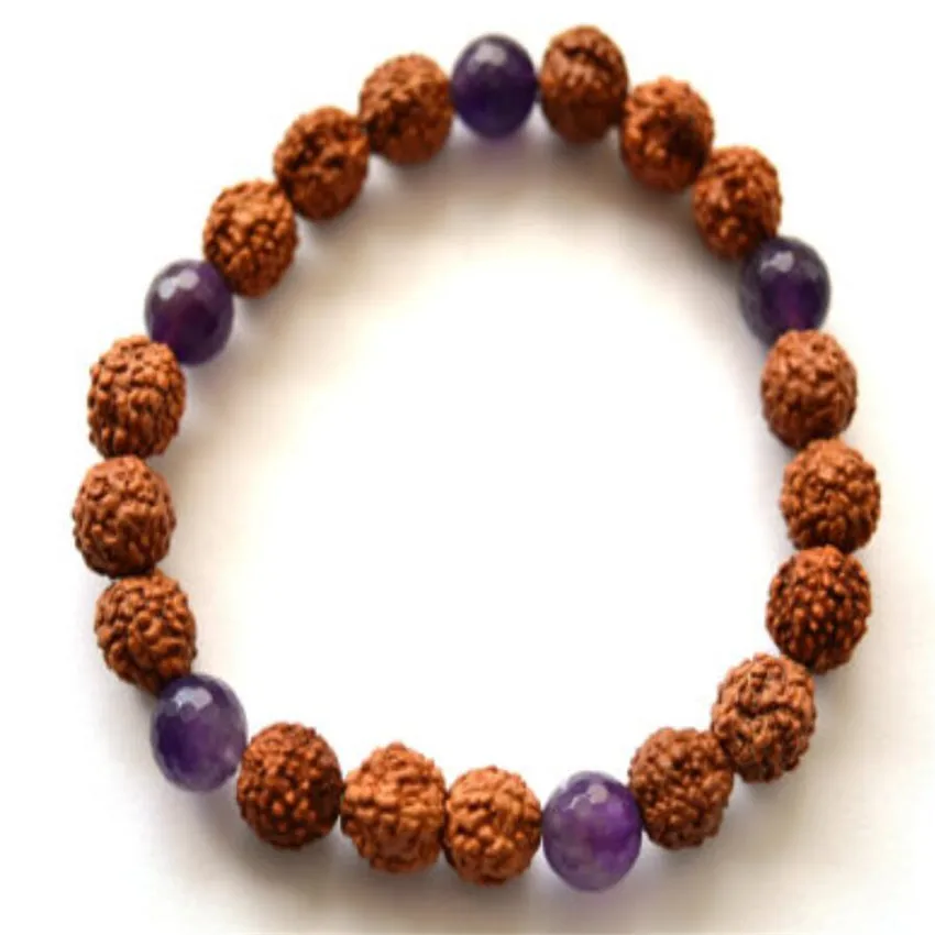 8mm Rudraksha Amethyst Mala Bracelet Wrist Pray Spirituality Handmade Reiki Energy Chakras Stretchy Men Bead Lucky Unisex