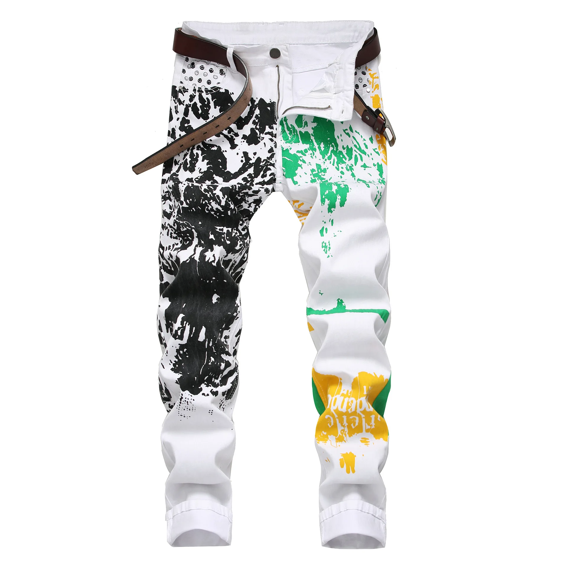 White Print Jeans Fashion High Stetch Cotton Colored drawing Slim Fit pants Men's leisure trousers size 28-42