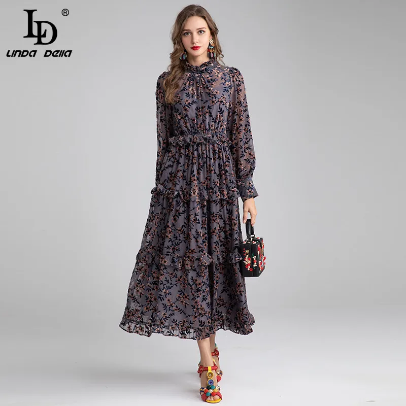 LD LINDA DELLA Autumn Winter Fashion Designer Maxi Dress Women's Long Sleeve velvet Floral Vintage Long Party Dress gown