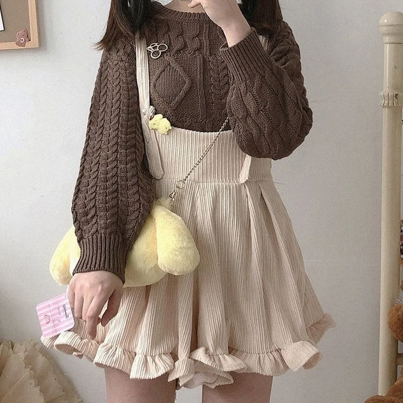Solid Corduroy Jumpsuit Ladies Lolita Ruffle Loose Spring Korean Kawaii Version of Ulzzang Harajuku Casual Soft Women's Jumpsuit