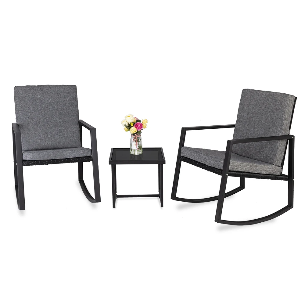 Outdoor Patio  Furniture Set 3 PCS Rocking Chairs Set Outdoor Patio Furniture with Glass Coffee Table (Black)