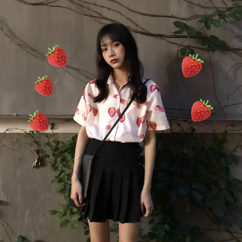 Shirts Women Summer Fashion All-match Strawberry-printed Casual Fit Korean Style Turn-down Collar Female Tops Chic Vintage Cute